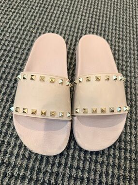 Valentino Pink Slide Sandals with Gold Pyramid Studs